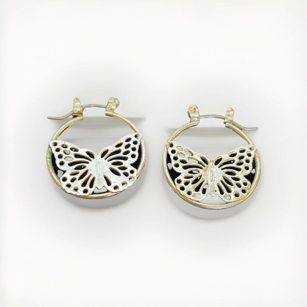 Silver Tone Filigree Butterfly 1 inch Hoop Pierced Earrings Hinged Closure